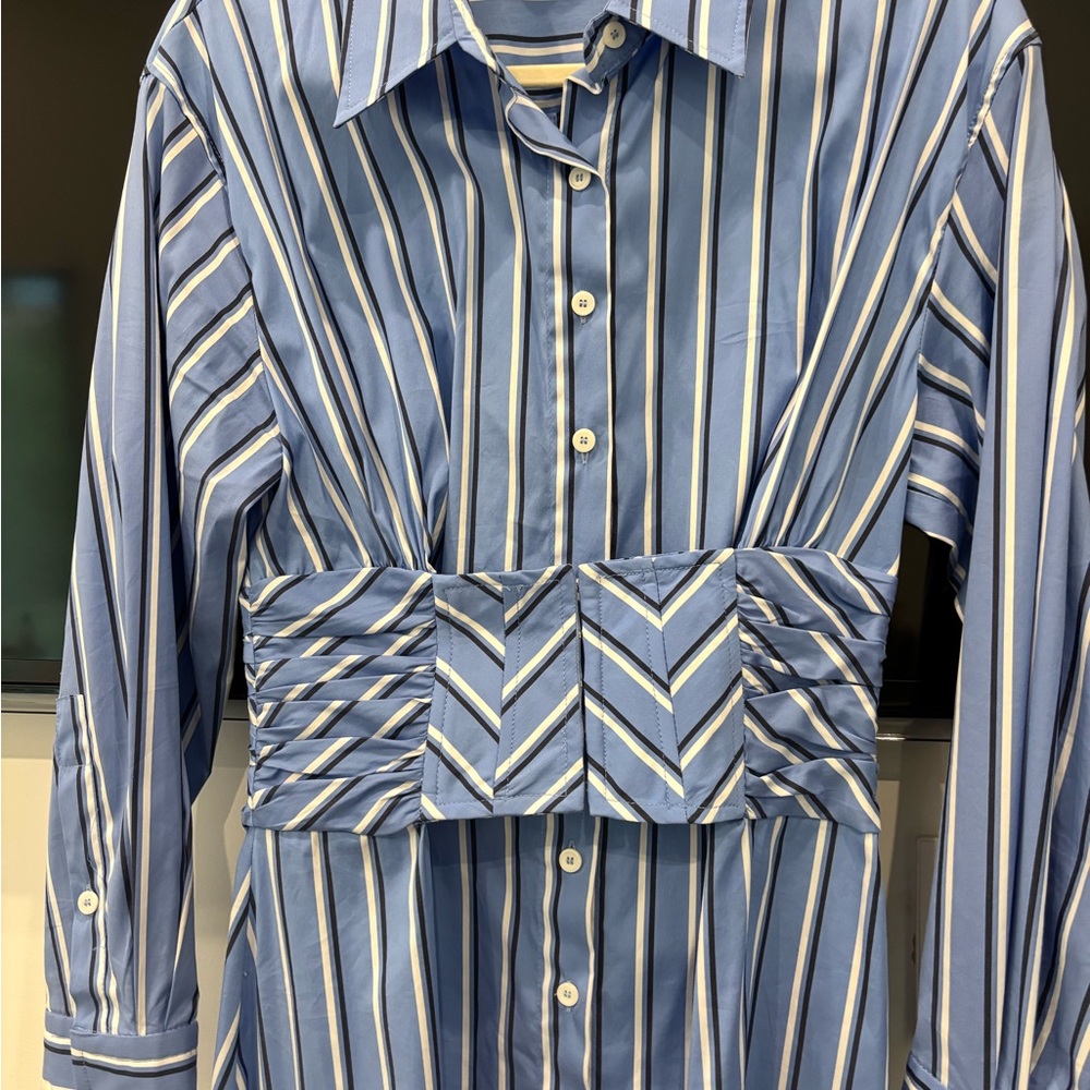 Zara Blue and White Striped Dress with Waist Detail - Picture 2 of 10